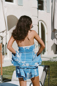 Amira Strapless Mini Dress - Postcard, Blue & White Check Flowers Print