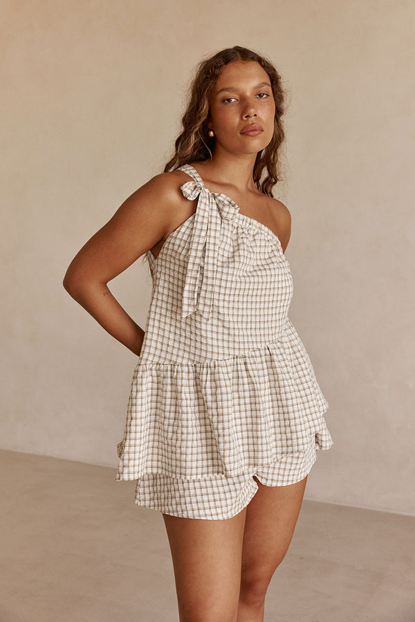Beige Gingham One Shoulder Backless Charlie Top