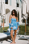 Amira Strapless Mini Dress - Postcard, Blue & White Check Flowers Print