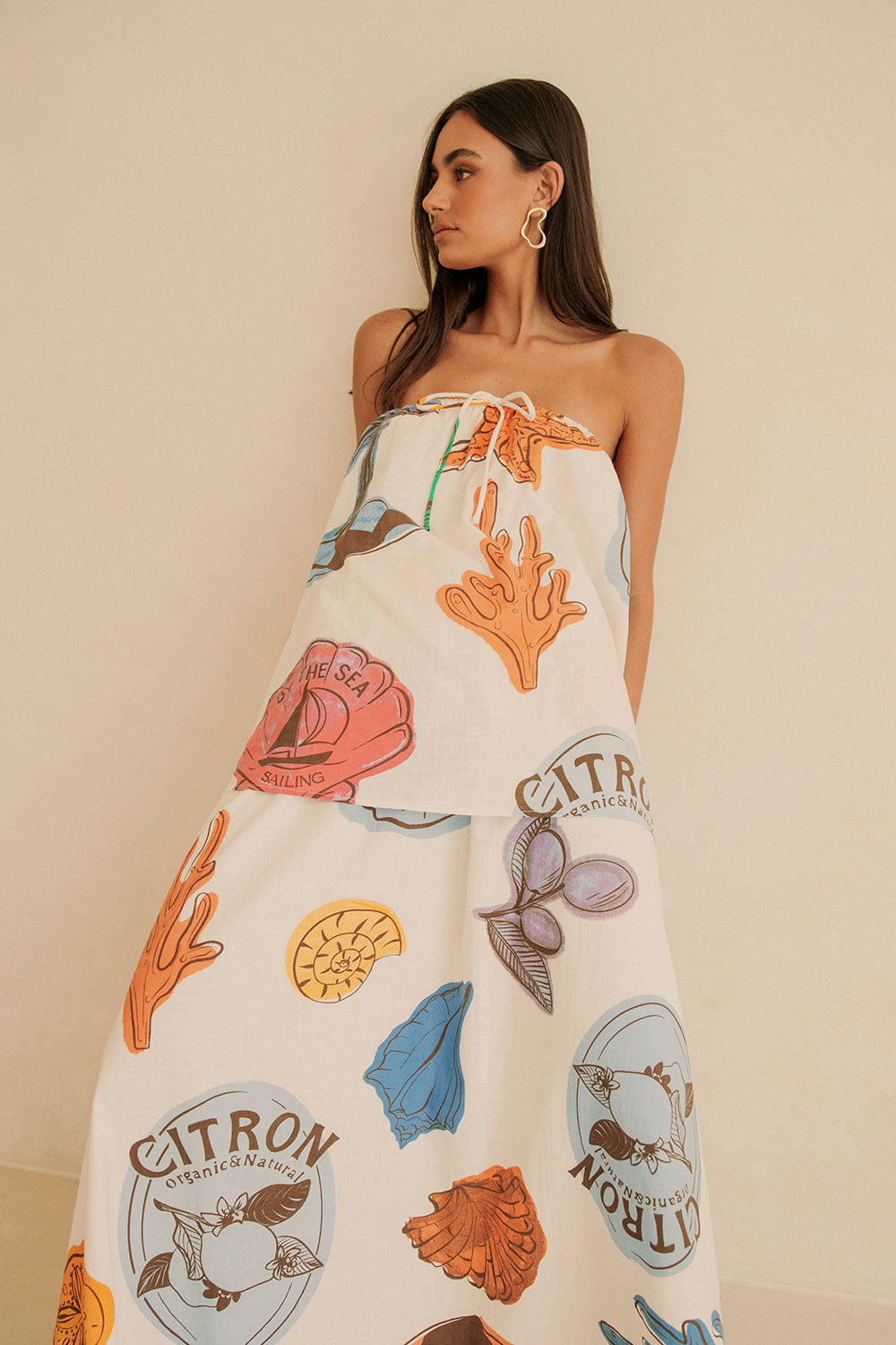 White Shell By The Sea Print Strapless Maxi Toria Dress