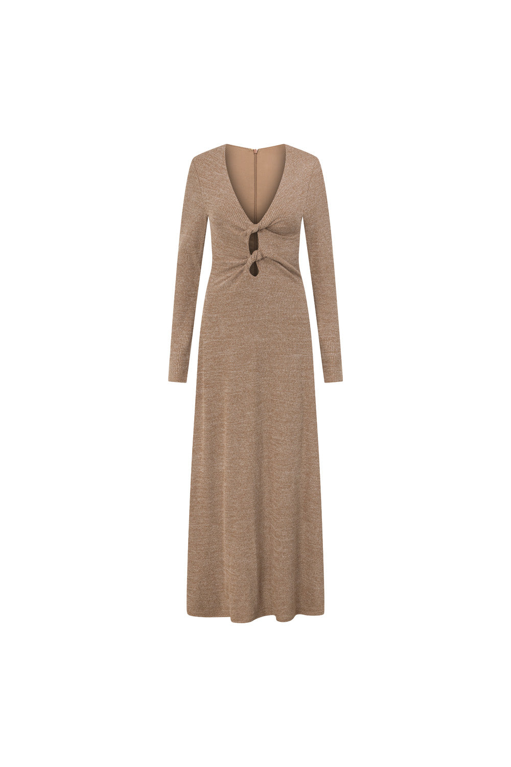 Tan Long Sleeve Cut Out V Neck Maxi Belora Dress
