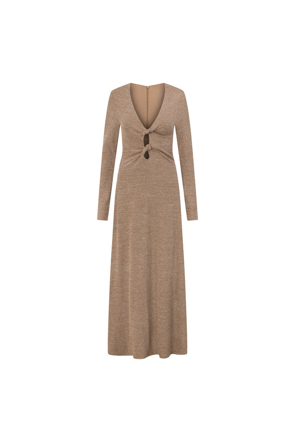 Tan Long Sleeve Cut Out V Neck Maxi Belora Dress