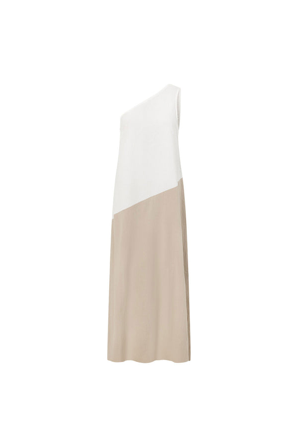 Beige White Two Tone One Shoulder Maxi Ellita Dress