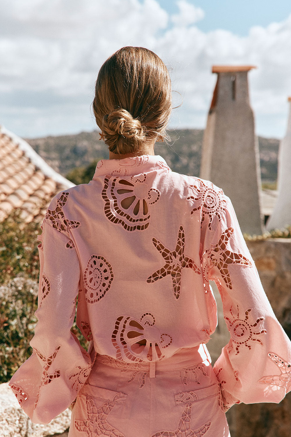 Pink Embroidered Long Sleeve Collar Carilo Top