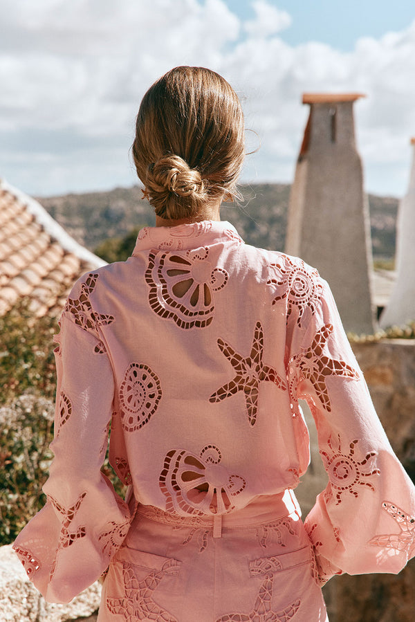 Pink Embroidered Long Sleeve Collar Carilo Top