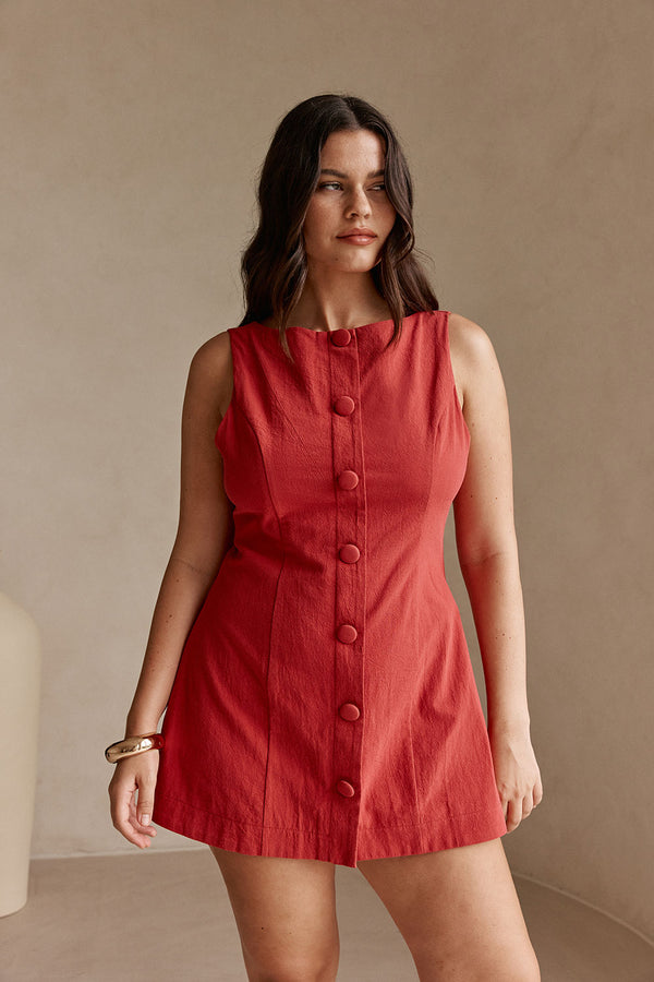 Cherry Red Button A Line Mini Graylee Dress