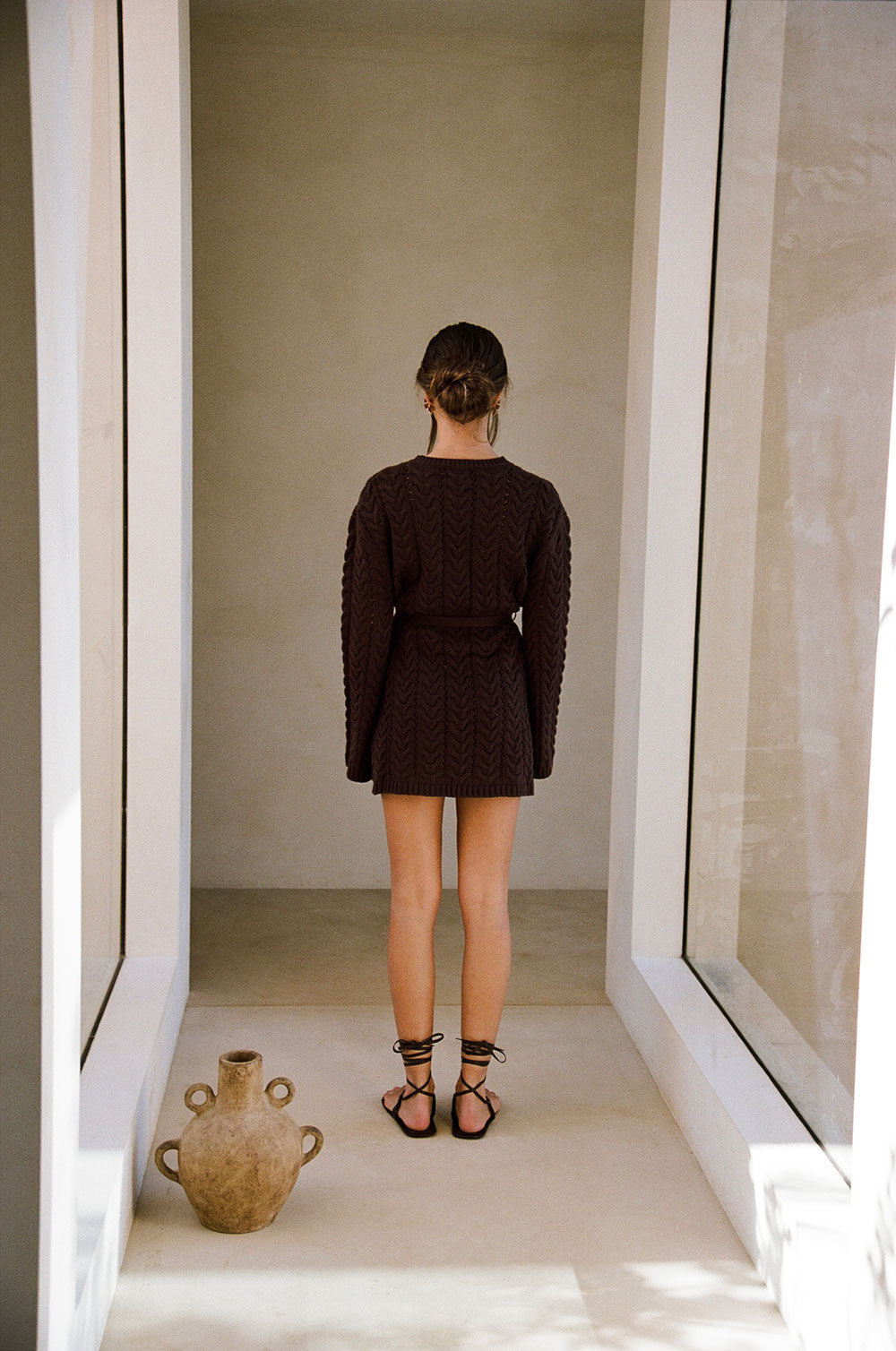 Brown Cable Knit Long Sleeve Tie Mini Sophie Dress