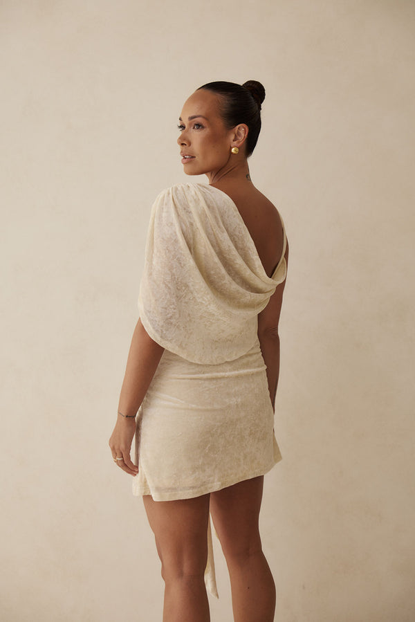 Beige Suede Plunge V Neck Tie Mini June Dress