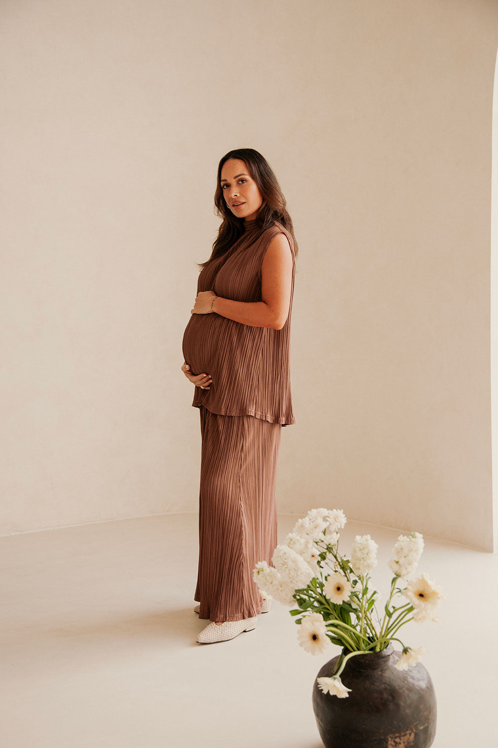 Brown Silky Pleat Turtleneck Catalyna Top