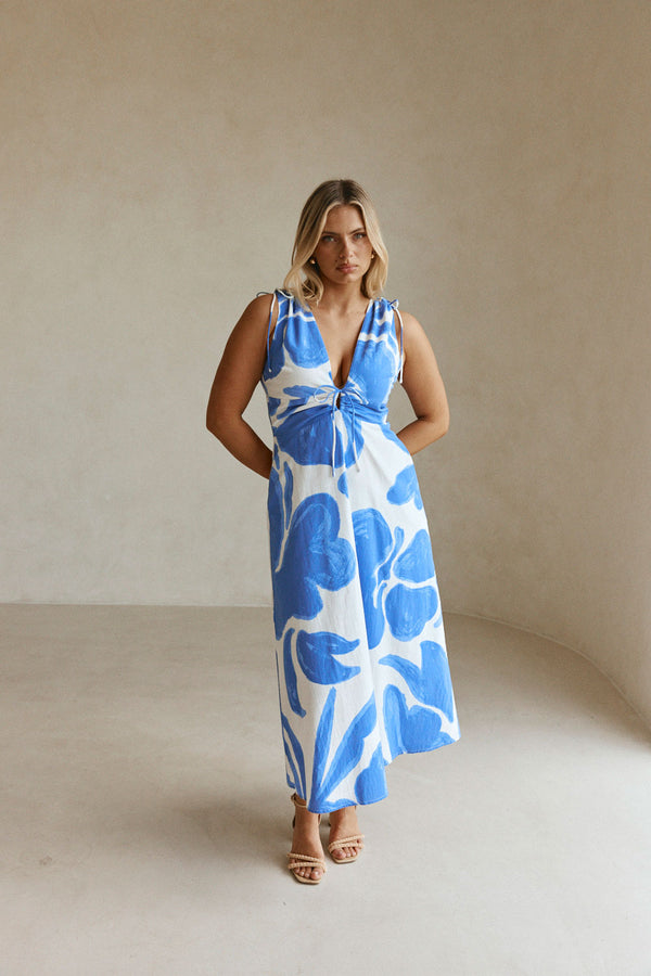 Blue Ada Flora Print V Neck A-Line Midi Mira Dress