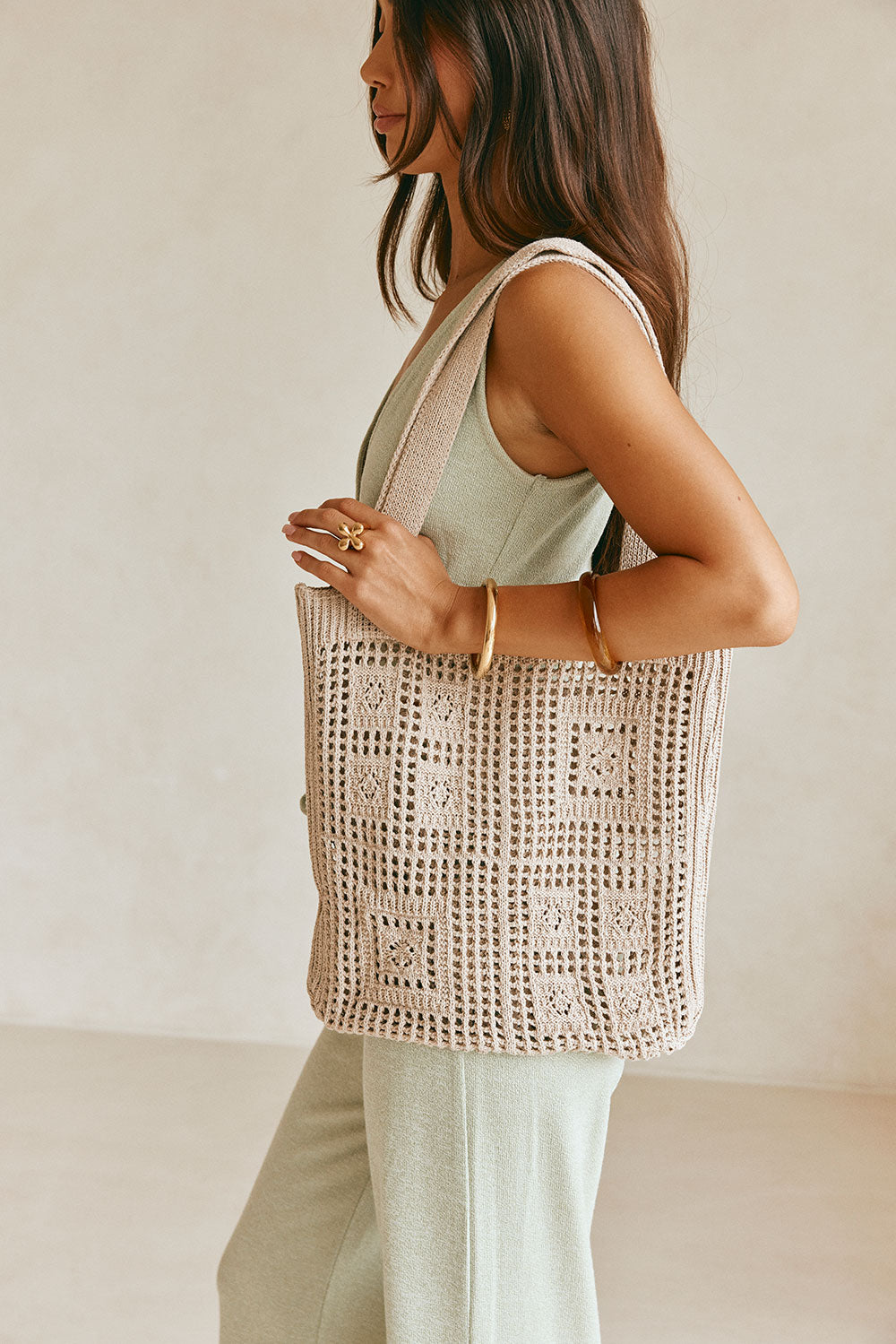 Sia Crochet Tote  Bag - Beige