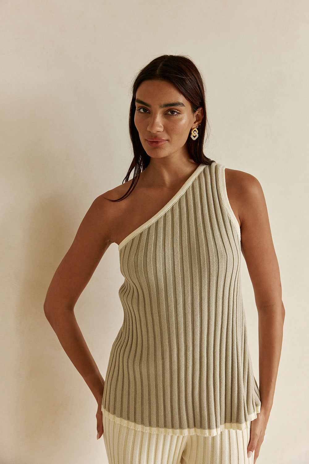 Stone Grey Ribbed Cotton One Shoulder Aylani Top