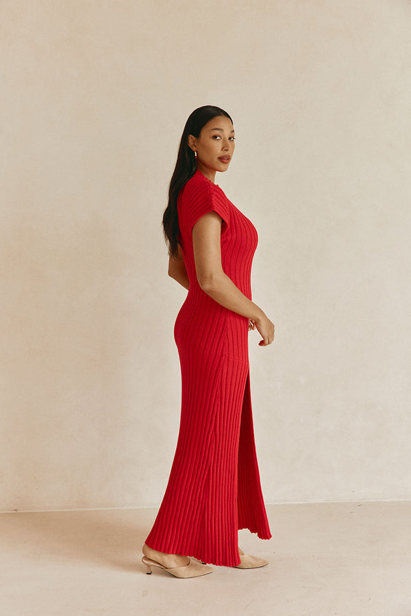 Red Rib Split Maxi Gemini Dress