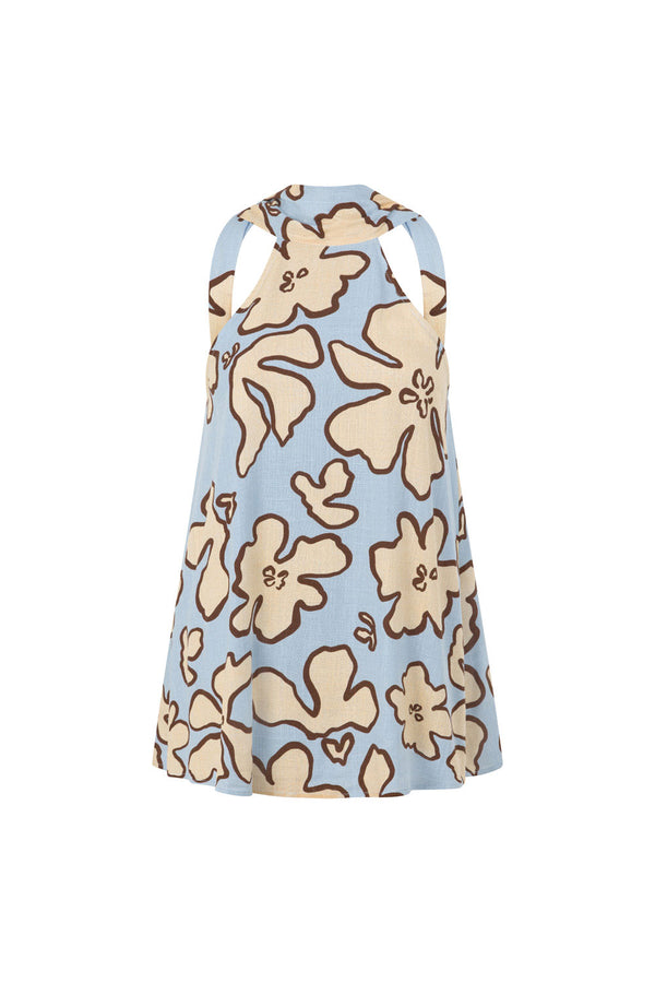 Blue Outline Floral Halter Neck Back Tie Iras Top