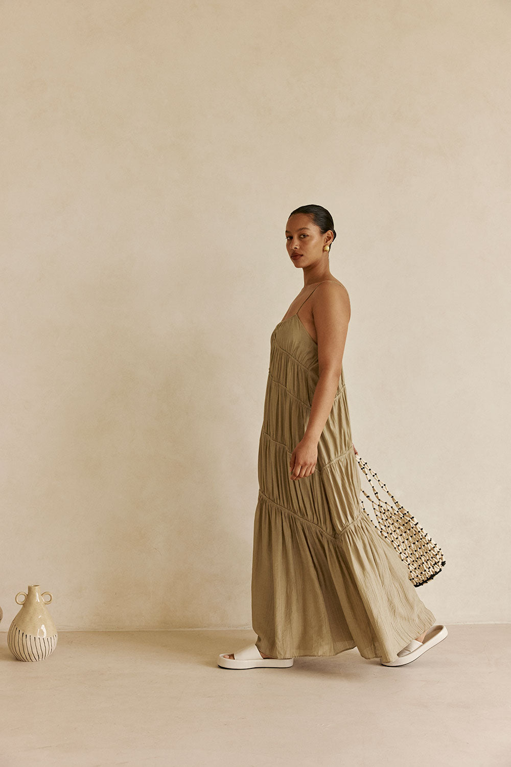 Khaki Taupe Green Ruched Maxi Daysia Dress