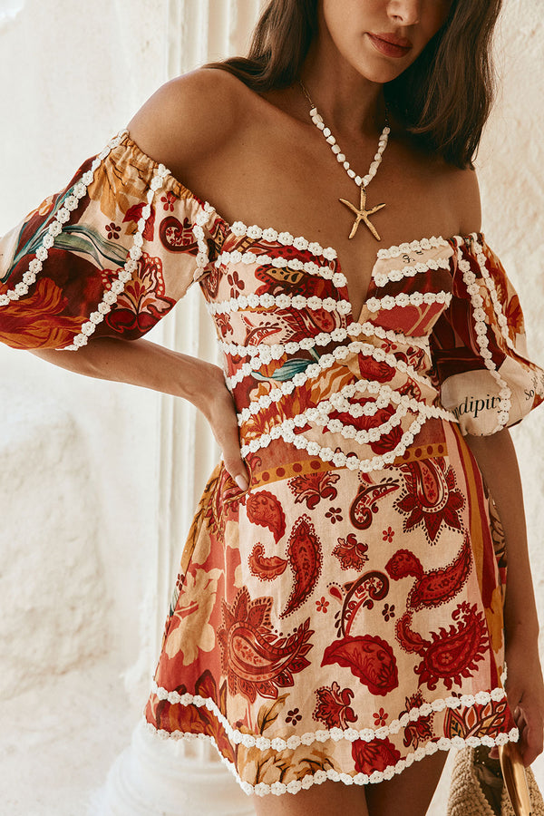 Red Floral Barocca Print Off Shoulder Mini Issa Dress