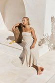 Beige Woven Strapless Pleated A Line Maxi Karalina Dress