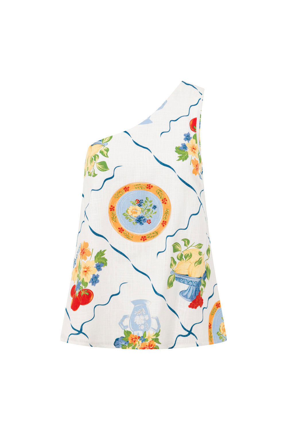 White Trattoria Print One Shoulder Tie Giuliana Top