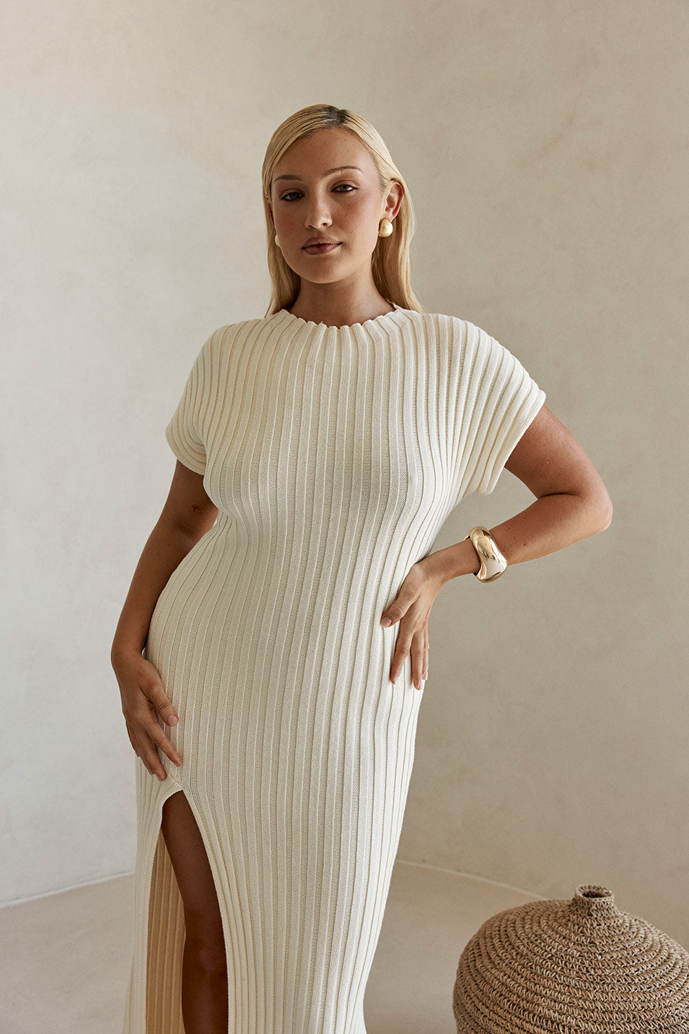 Cream High Neck Short Sleeve Split Maxi Gemini Dress