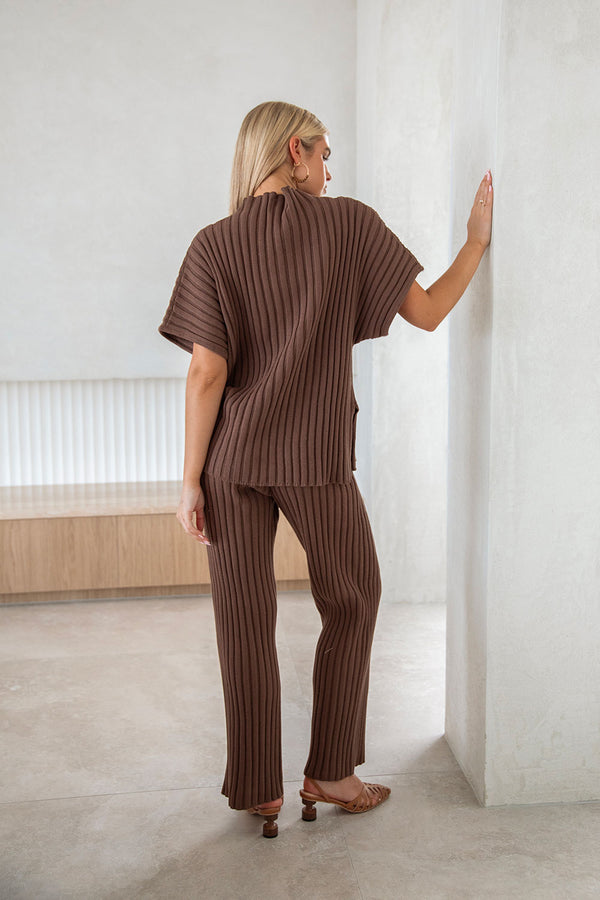 Chocolate Brown Ribbed Knit Short Sleeve Celine Top