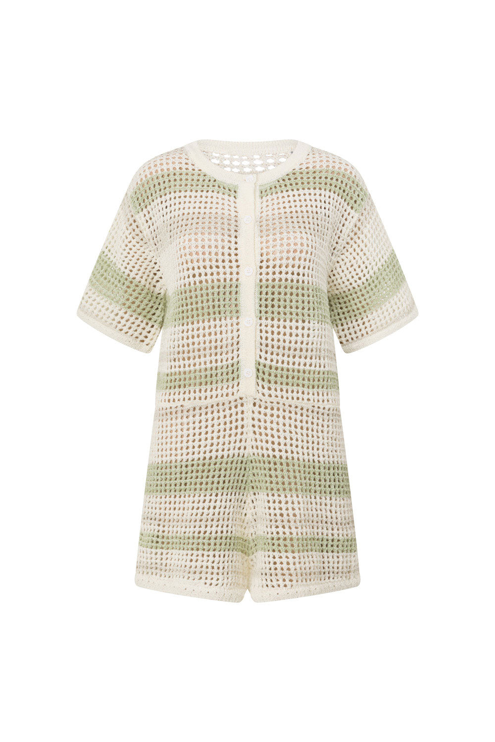 Easton Short Sleeve Button Up Knit Playsuit - Cream, Green Grey Stripe