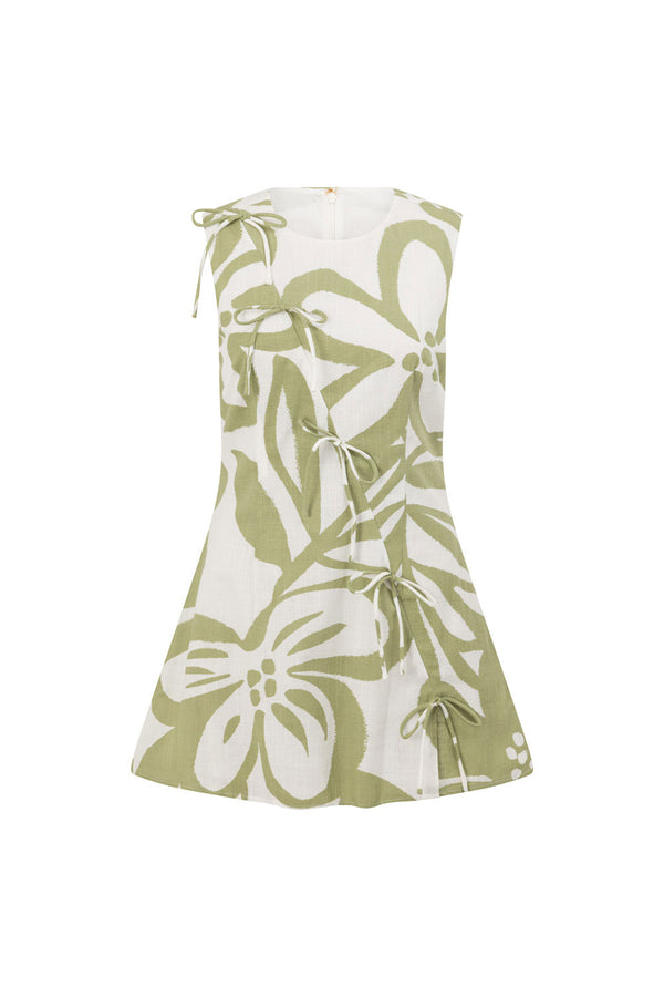 Green Paradisus Floral Print Bow Mini Natsuki Dress