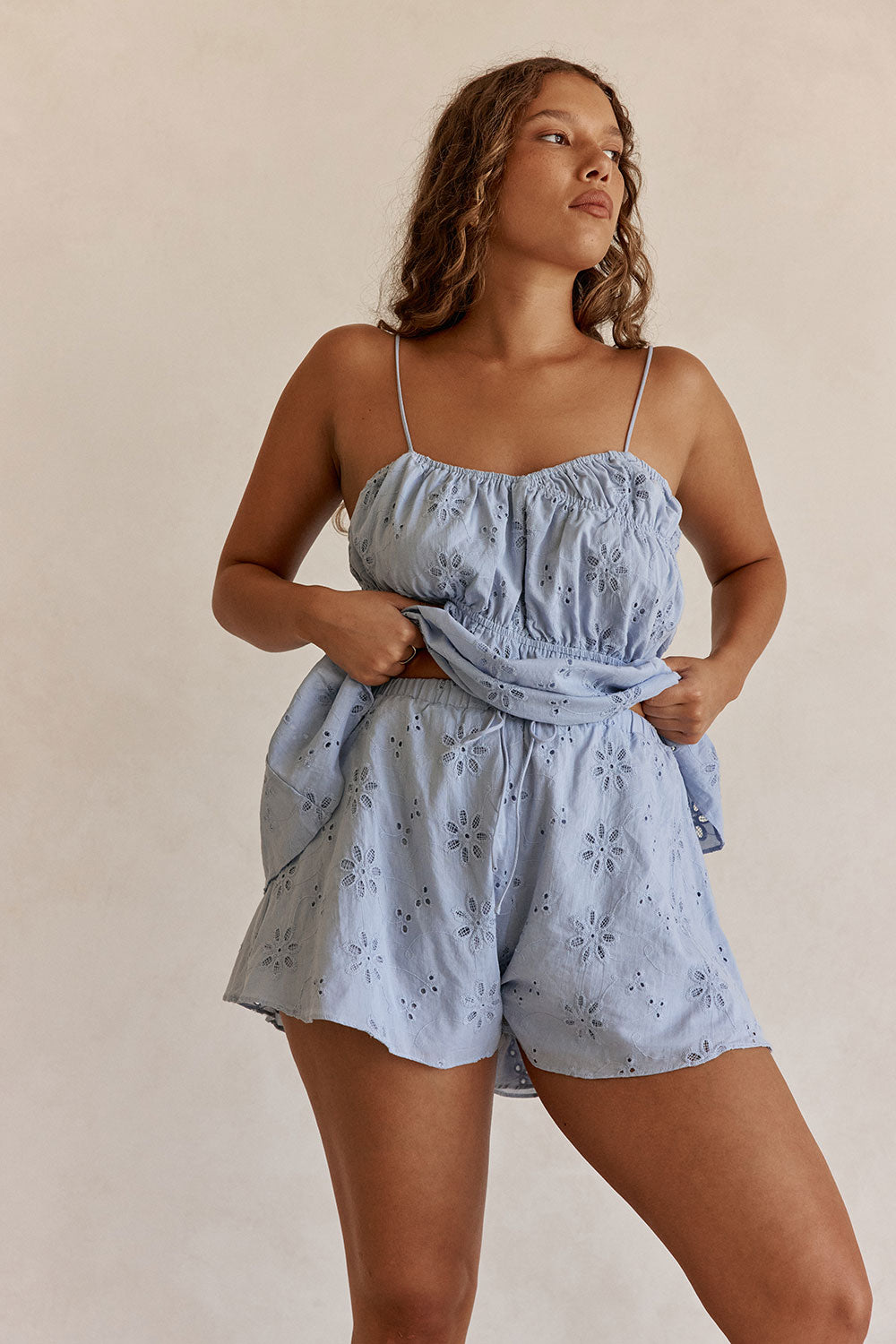 Blue Broderie Elastic Drawstring Octavia Shorts