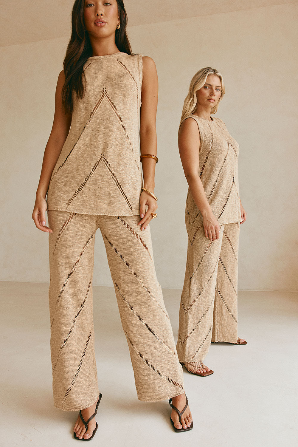 Tan Knit High Waist Ladder Pannel Josiah Pants