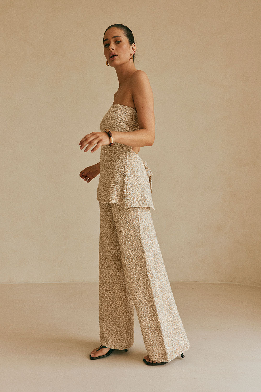 Brown and White Knit Strapless Backless Soha Top