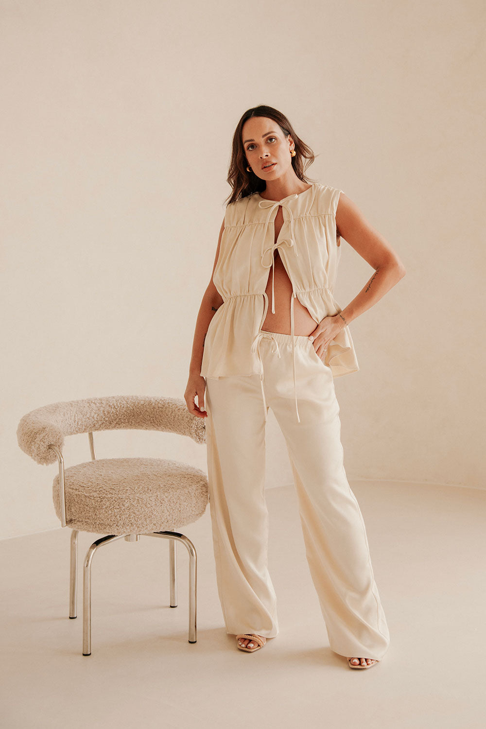 Beige Elastic Drawstring Pocket Juliette Pants