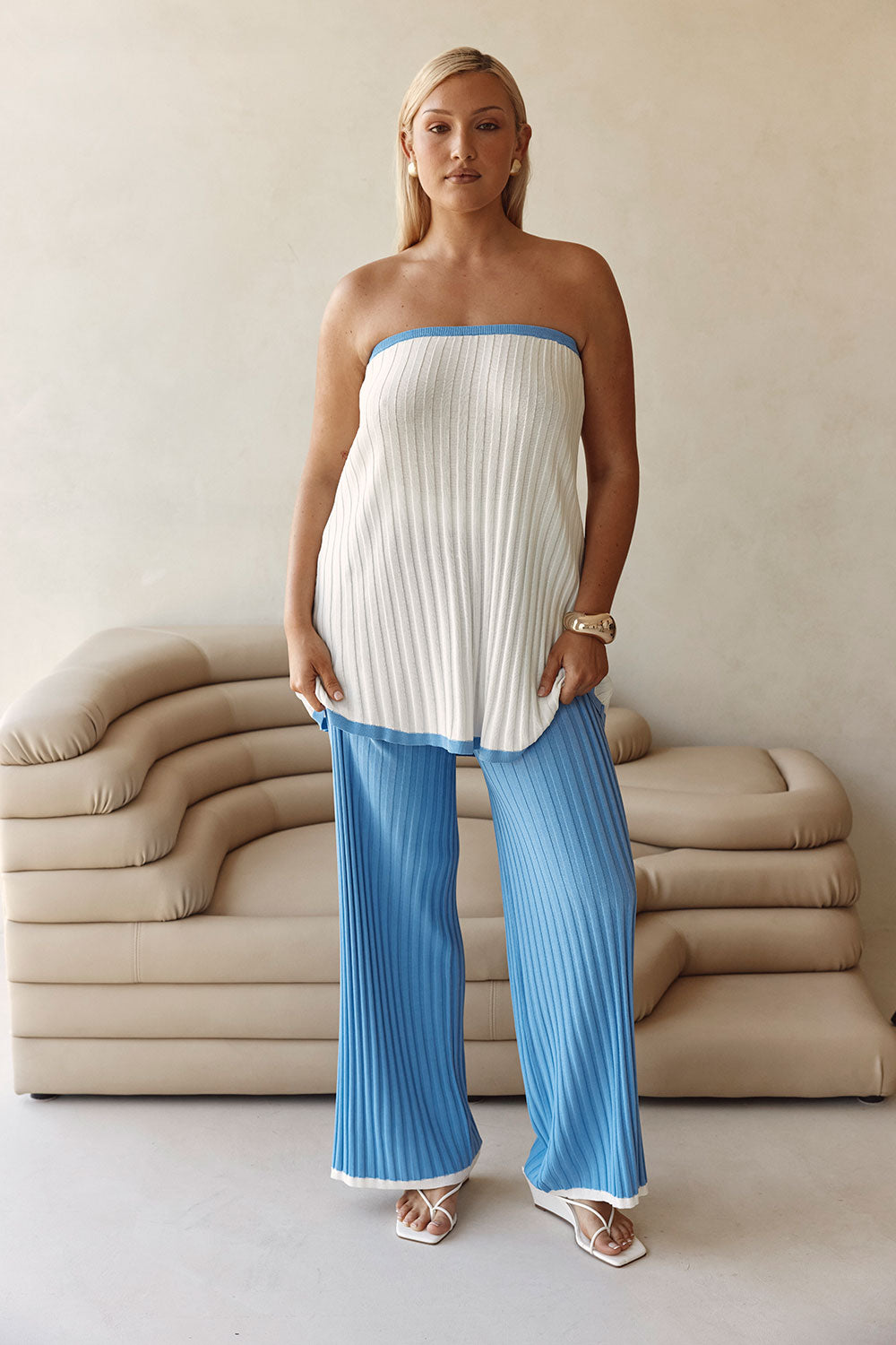 White and Blue Ribbed Strapless Winnie Top