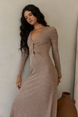 Tan Long Sleeve Cut Out V Neck Maxi Belora Dress