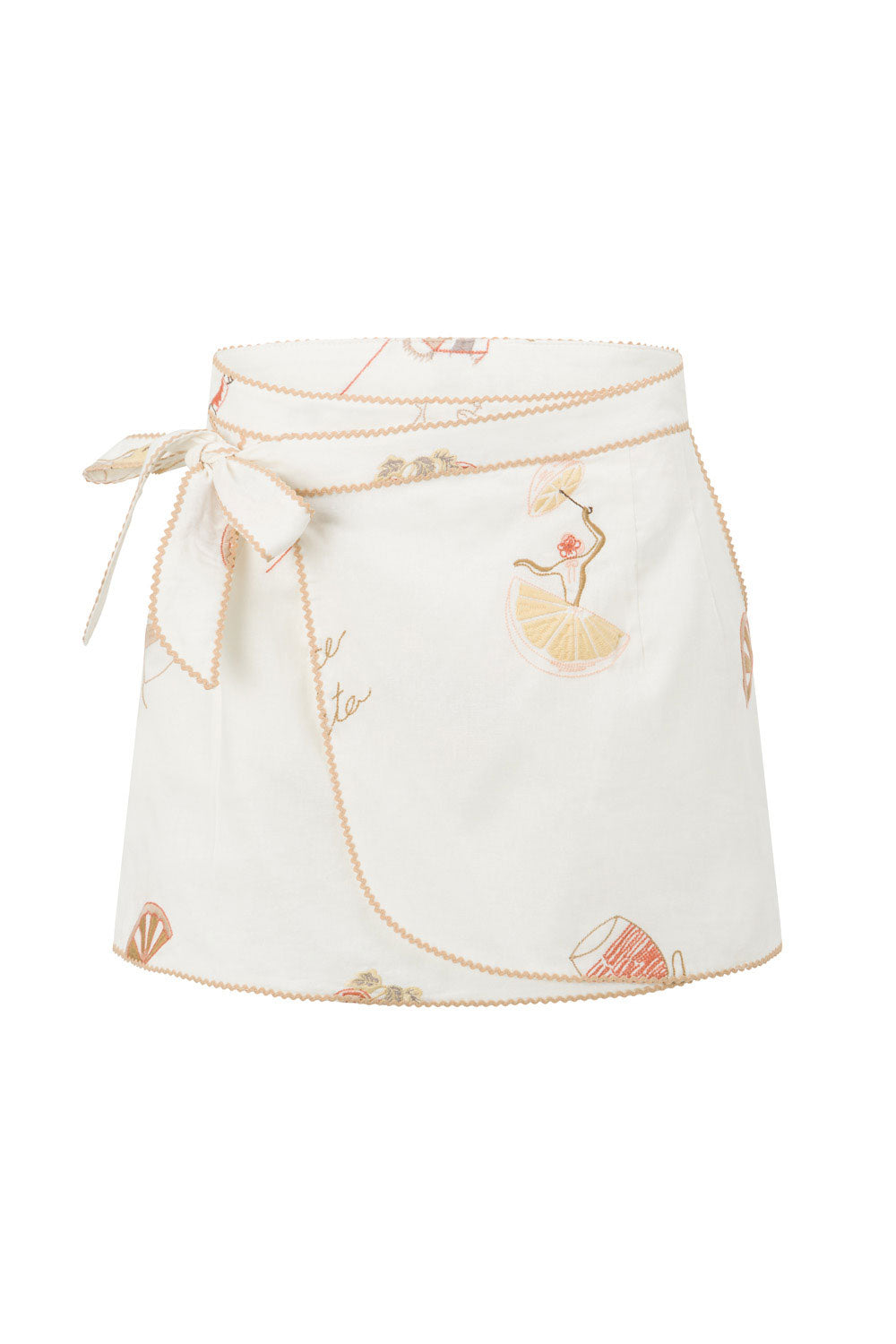 La Costa Embroidered Wrap Mini Skirt - Serenita, White, Beige, Pink