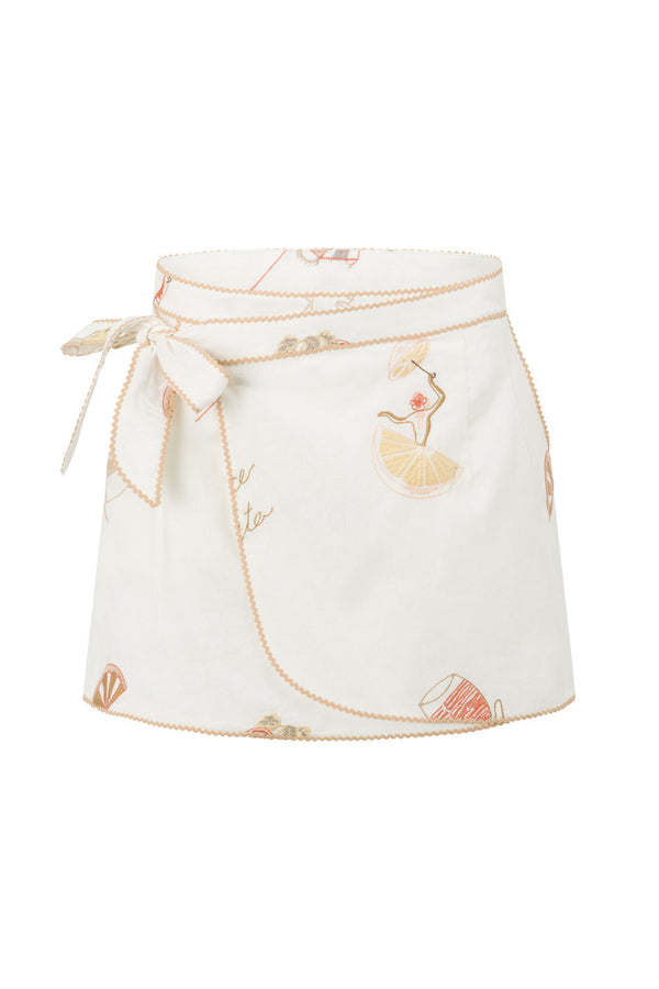 La Costa Embroidered Wrap Mini Skirt - Serenita, White, Beige, Pink
