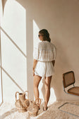 White Lace Button-Up Drawstring Short Sleeve Joi Playsuit