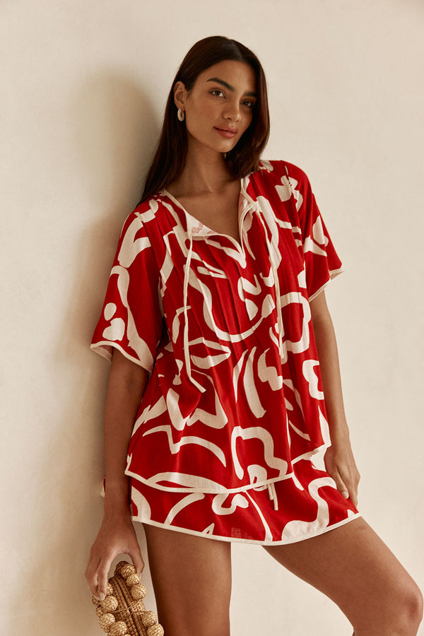 Red Fila Rouge Floral Print Button Up Rayne Top