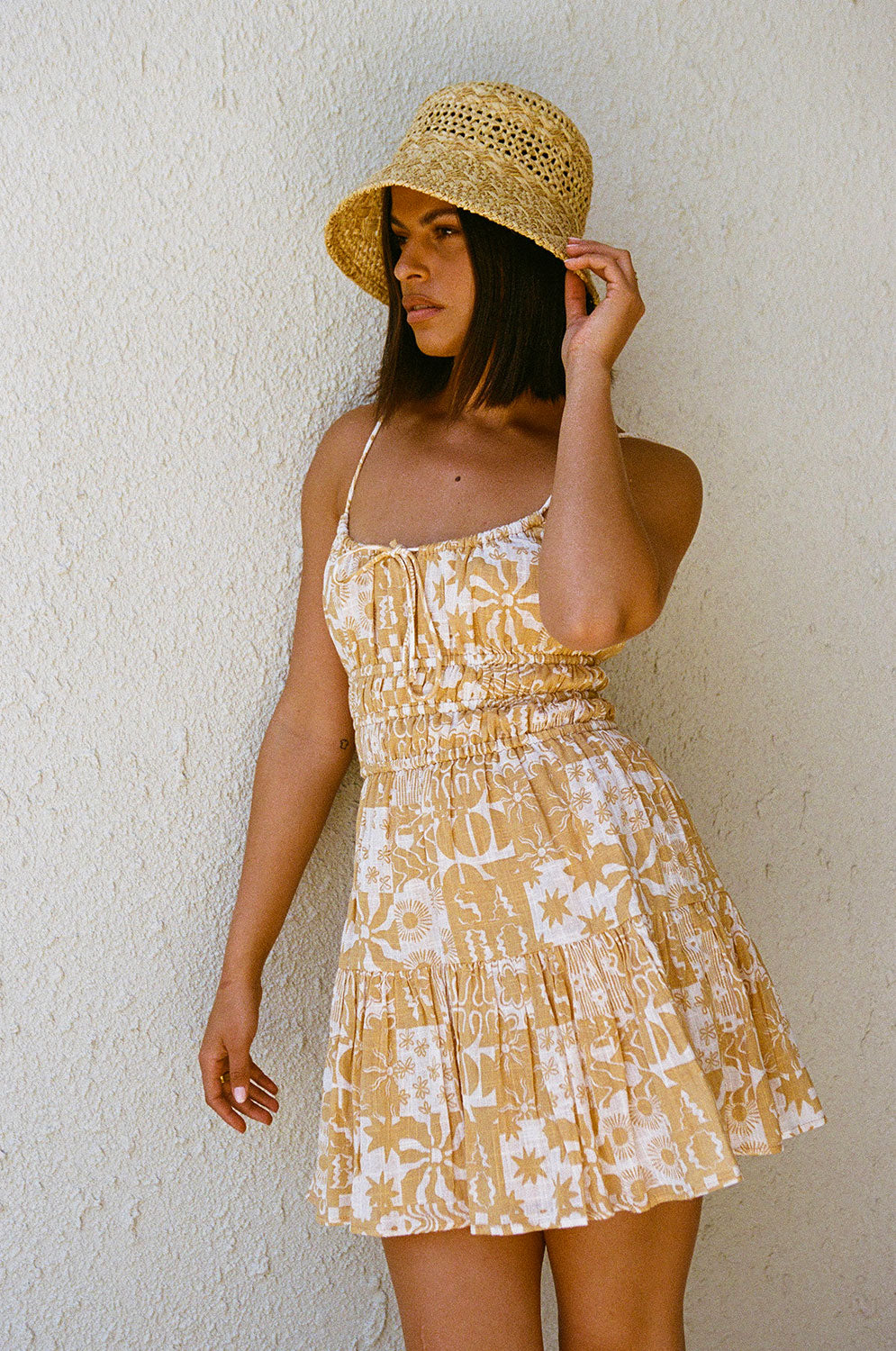 Yellow Strappy Elastic Panel Mini Tacita Dress