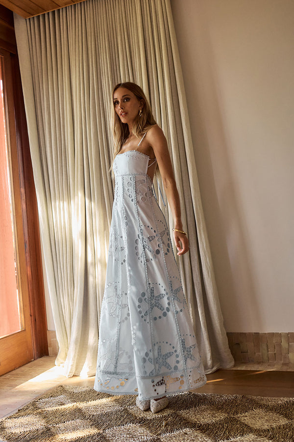 Blue Starfish Broderie Backless Maxi Avere Dress
