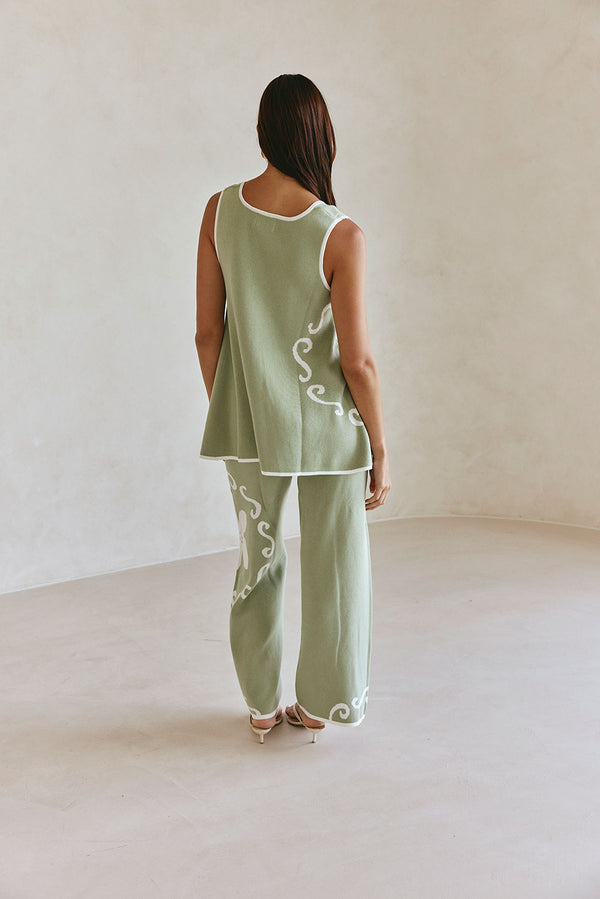 Green Ocean Relic Print Knit V Neck Malani Top