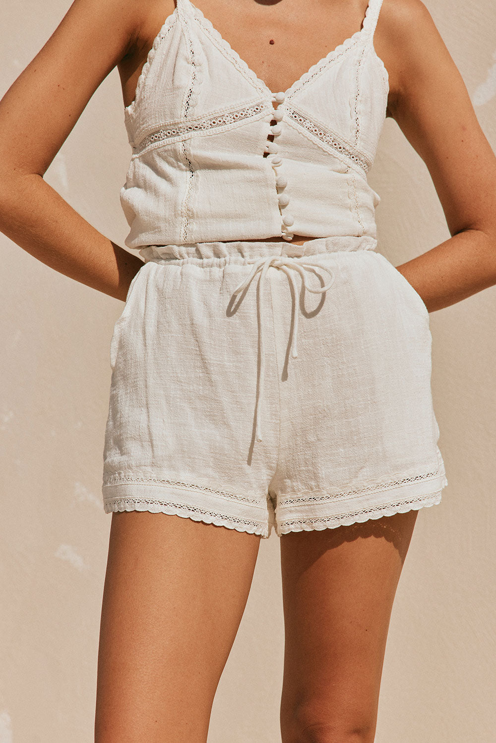 White Lace High Waist Drawstring Aviva Shorts