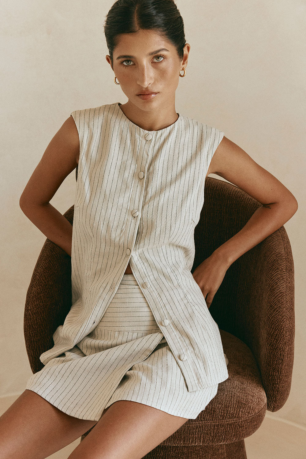 Beige Linen Blend Button Up Longline Zinnie Top