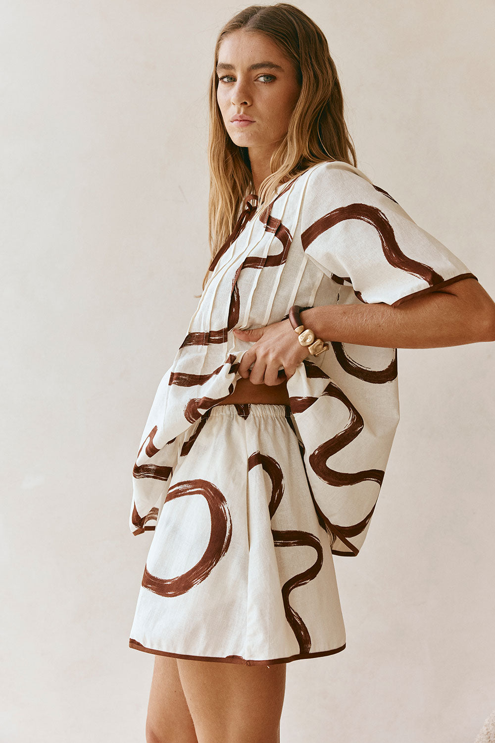 Cream Marbled Mocha Floral Elastic Drawstring Rayne Skirt