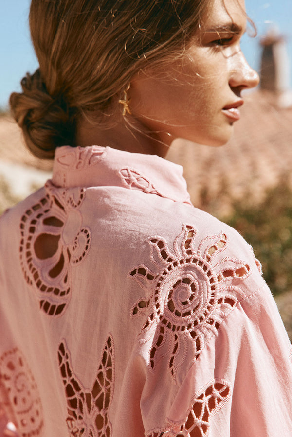 Pink Embroidered Long Sleeve Collar Carilo Top