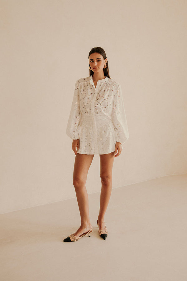 Naima Long Sleeve Button Up Embroidered Mini Corset Dress - White