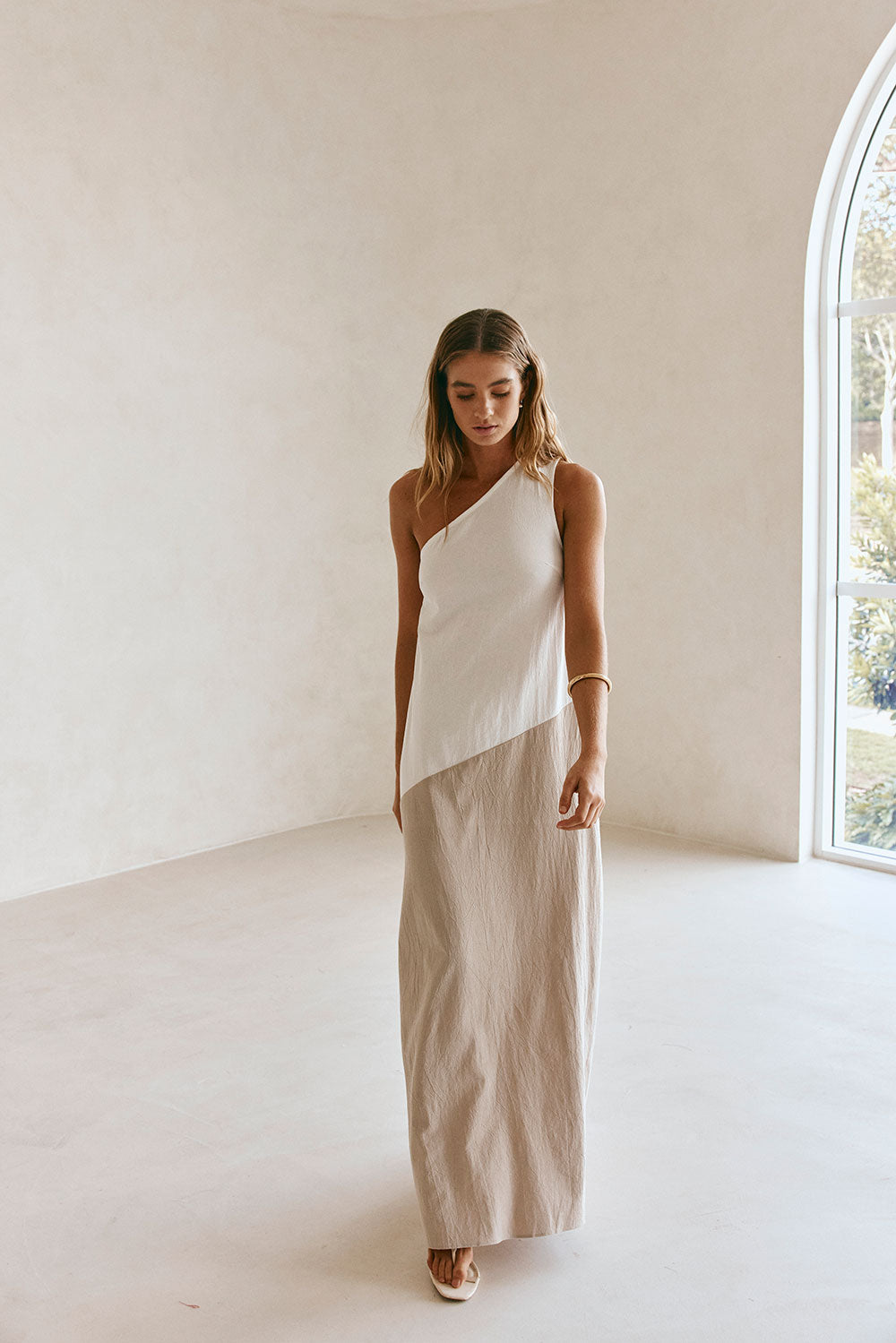 Beige White Two Tone One Shoulder Maxi Ellita Dress