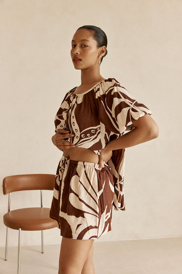 Cream and Brown Painted Tiles Print Scarlet Shorts