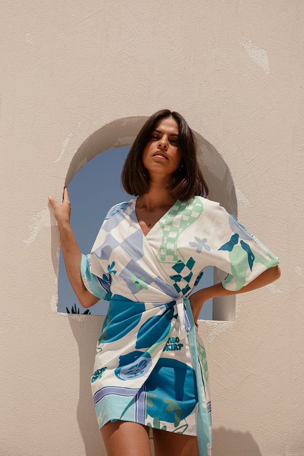 Blue Short Sleeve Mini Scarlett Wrap Dress