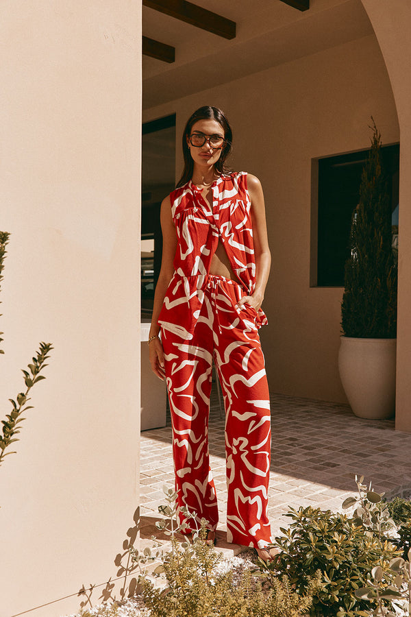 Red Fila Rogue Floral Print Drawstring Elena Pants