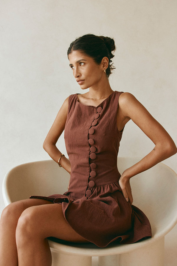 Alfresco Button Flounce Mini Dress - Chocolate