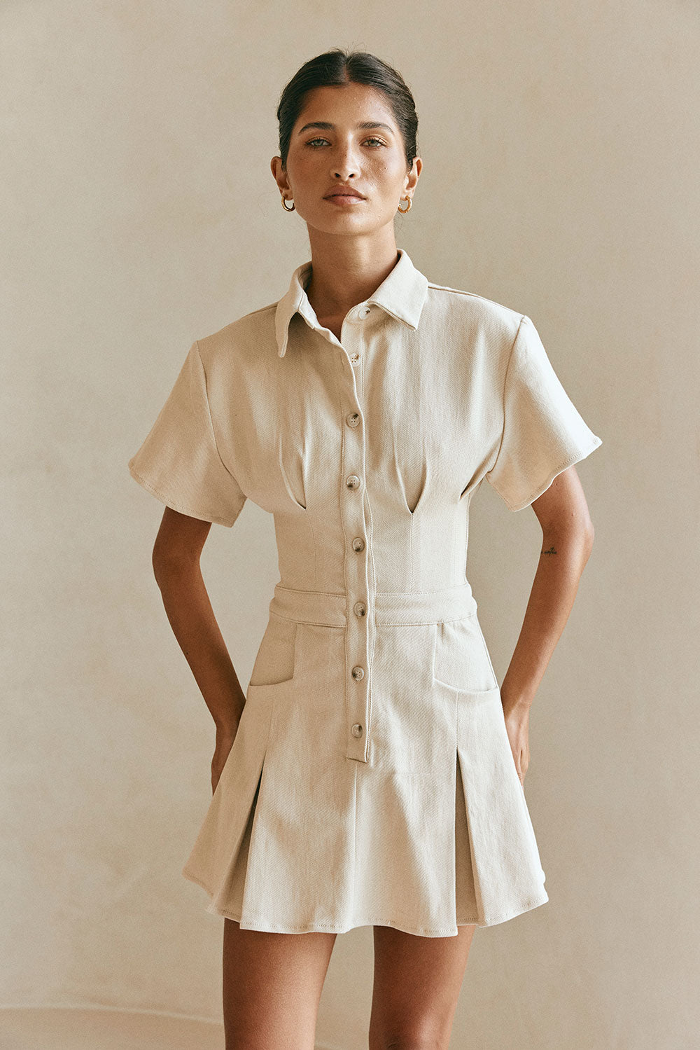 Tan Short sleeve Button Up Collar Mini Dela Dress